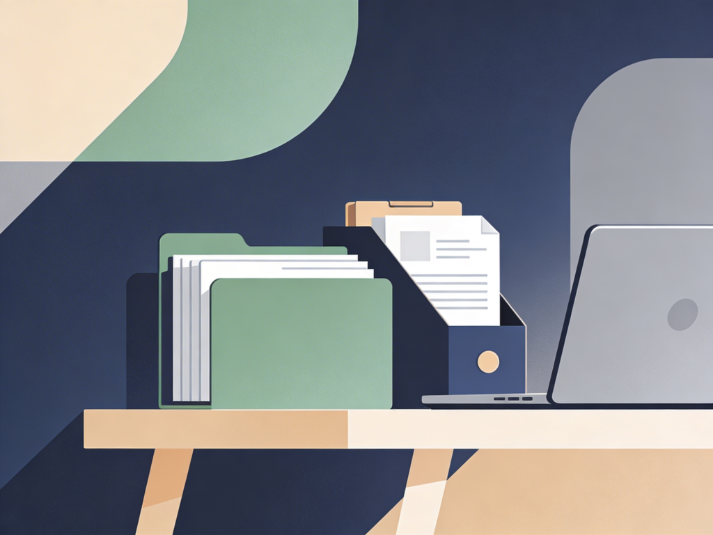 Laptop mit Artikel zur Kündigungsschutzklage im Kleinbetrieb im Arbeitsrecht mit Illustration von Dokumenten und Aktenordnern