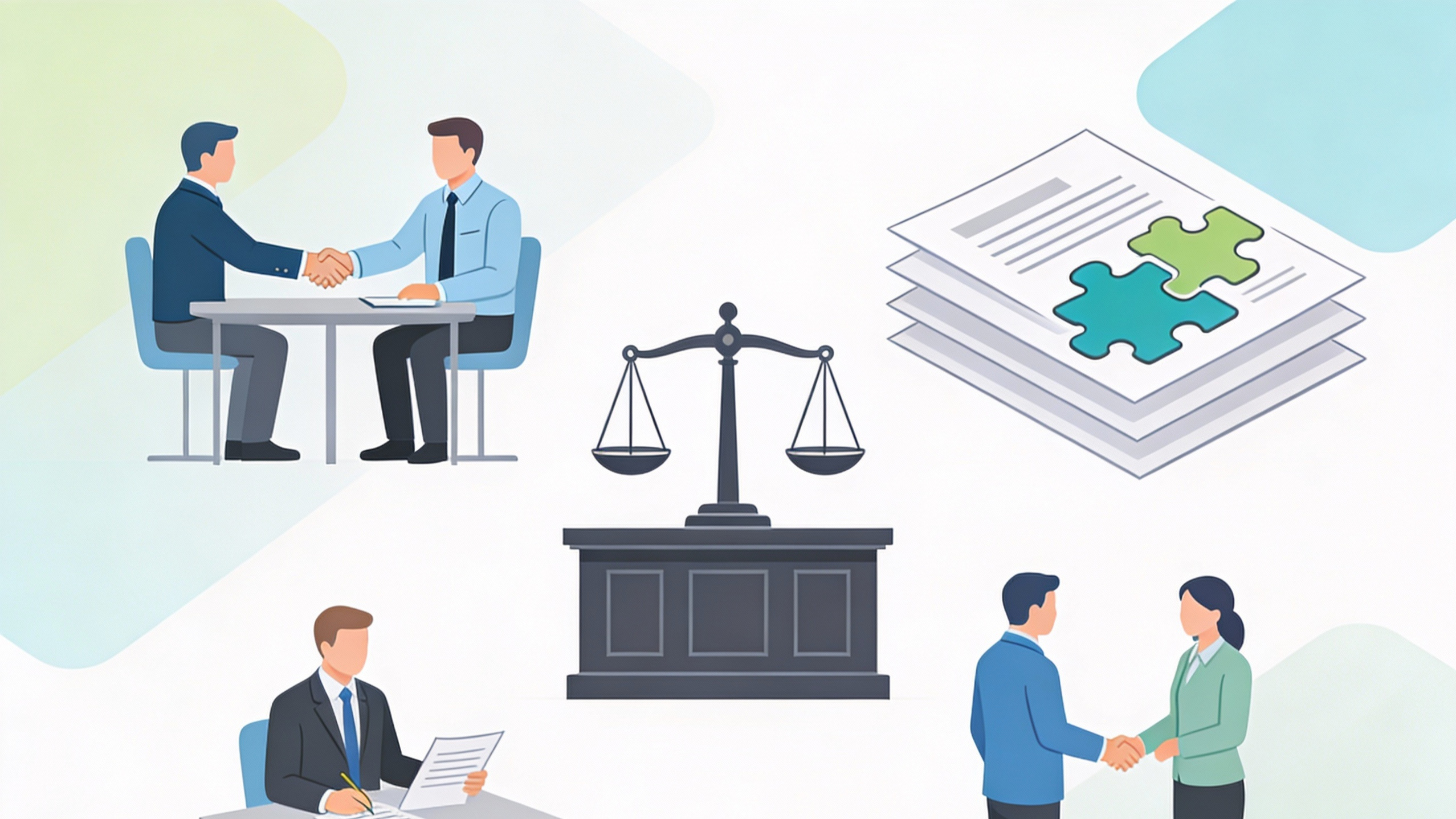 Juristische Symbole wie Waage, Dokumente und Handschlag