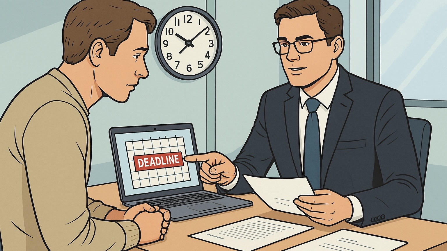 Illustration eines Anwalts und eines Mandanten in einem Büro, wobei der Anwalt auf einen Laptop zeigt, der einen Kalender und das Wort „Deadline“ anzeigt. Illustration eines Anwalts und eines Mandanten in einem Büro, wobei der Anwalt auf einen Laptop zeigt, der einen Kalender und das Wort „Deadline“ anzeigt.