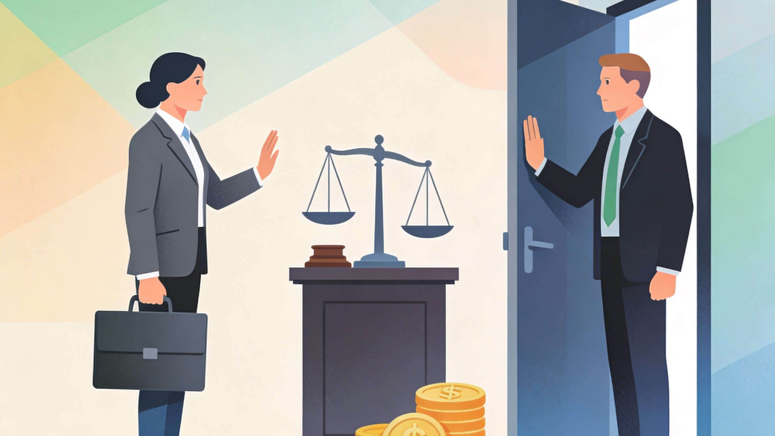 1ebda45a-7df2-4f58-9ef9-0b89f17f2dbc (1) Zwei Personen stehen sich vor Gericht mit Geldsymbolen gegenüber.