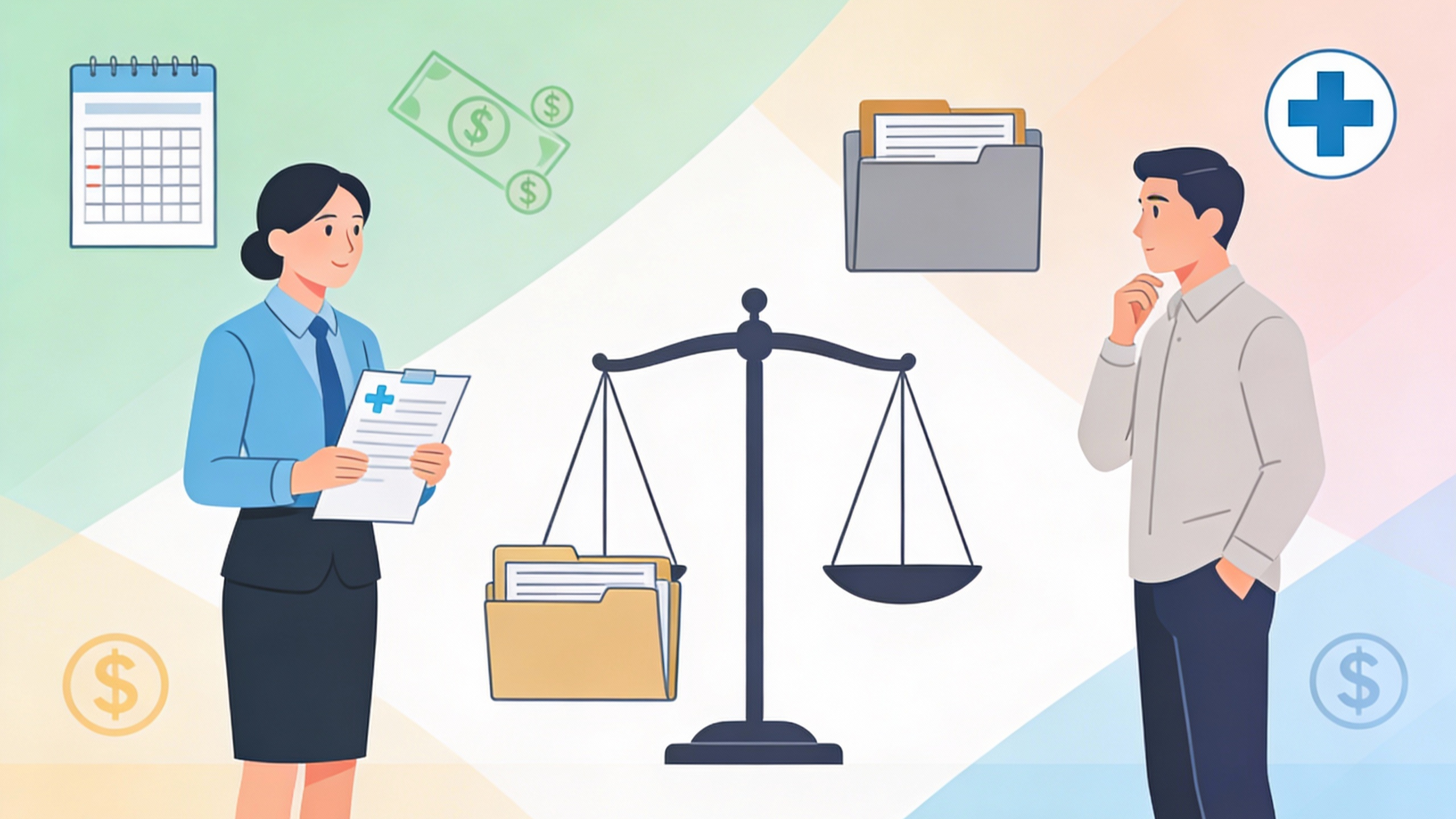 223bed55-8aa7-41fd-949f-02593c75acac (1) Beratungssituation mit Anwältin, Mandant und Waage als Rechtssymbol.