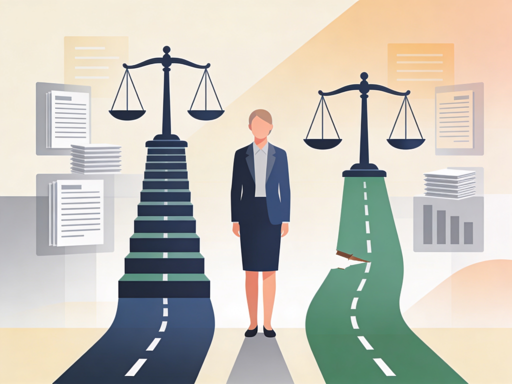 Erfolg Kündigungsschutzklage Illustration mit Entscheidungswegen und Waagen