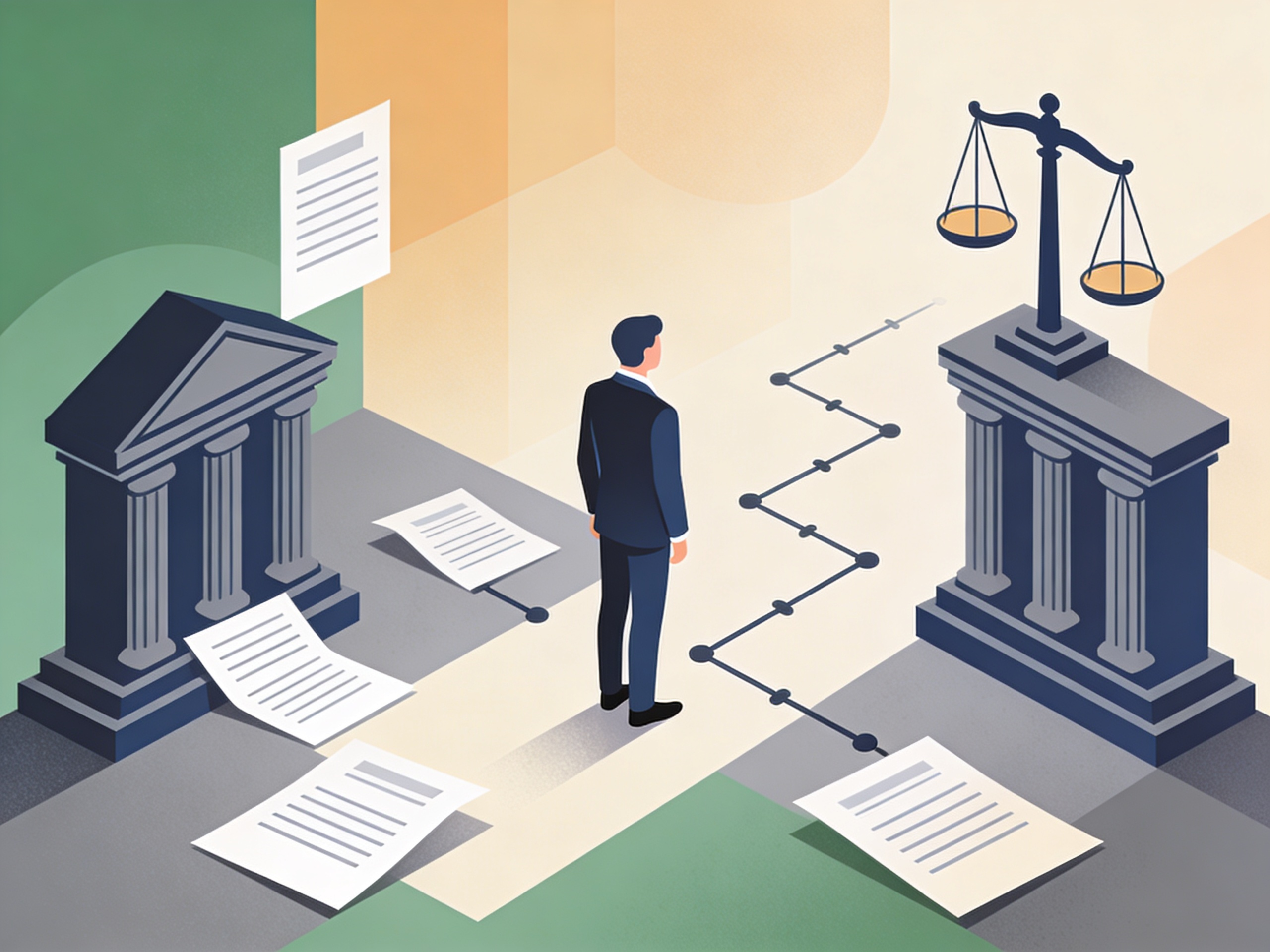 51570fdf-4a8f-4a1c-b7f0-bd408f9e003a Illustration Kündigungsschutzklage ohne Anwalt mit Risiken, Waage und Dokumenten