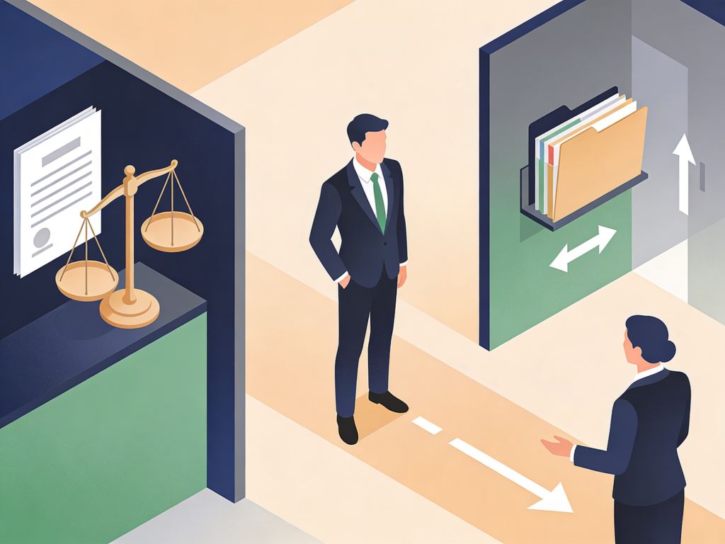 Abfindung und Exit Strategie Illustration Verhandlung mit Waage und Führungskräften