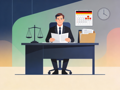 Anwalt sitzt am Schreibtisch mit Akten und Waage.