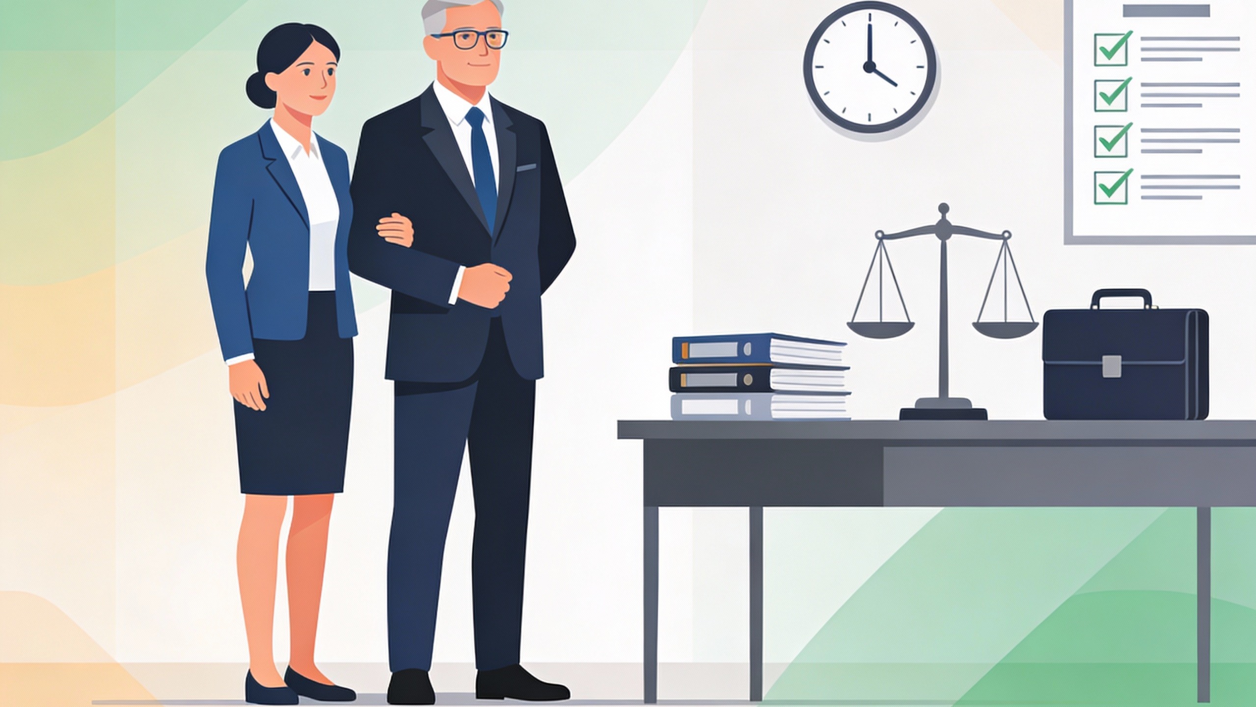 9f43efec-59ae-4315-8ceb-0736316d19ab (1) Anwältin und Mandant im Büro mit Akten, Waage und Checkliste.