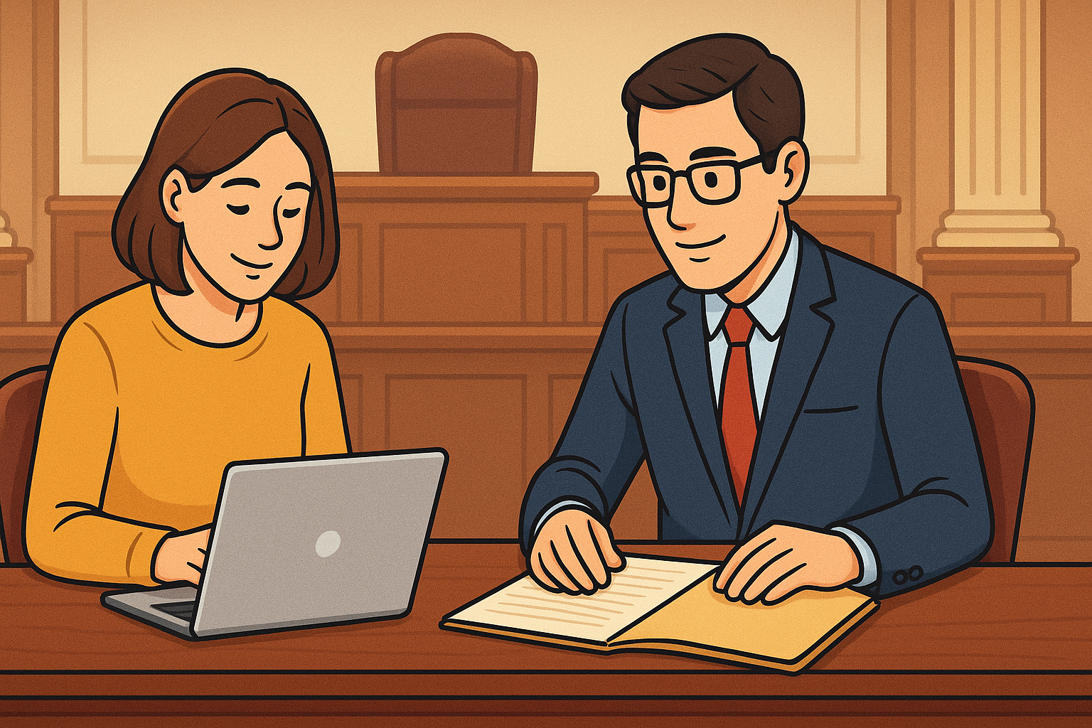 Ein Anwalt sitzt mit einer Mandantin an einem Tisch im Gerichtssaal, konzentriert sich auf seine Arbeit und bereitet sich mit Akten und Laptop auf eine Gerichtsverhandlung vor.
