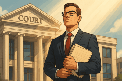 ein selbstbewusster Anwalt steht vor einem modernen Gerichtsgebäude, Sonnenlicht fällt auf ihn, er hält Dokumente in der Hand