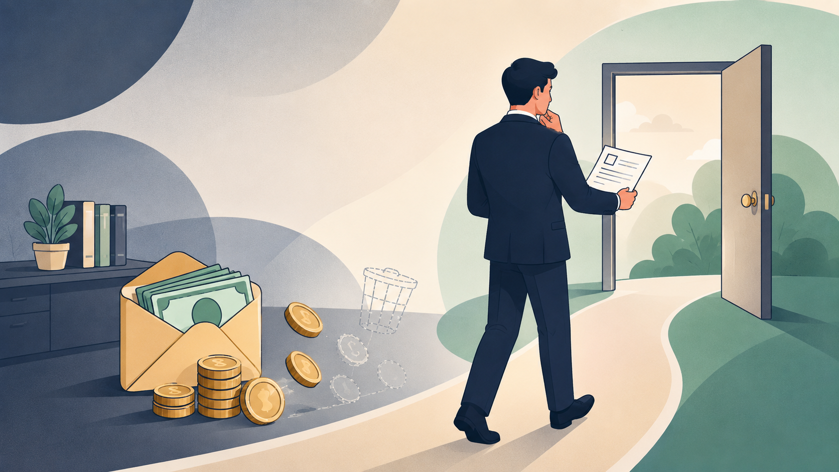 Arbeitnehmer verlässt mit Kündigungsschreiben das Büro und lässt mögliche Abfindung und finanzielle Ansprüche zurück.