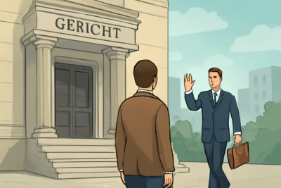 Anwalt grüßt seinen Mandanten vor dem Arbeitsgericht