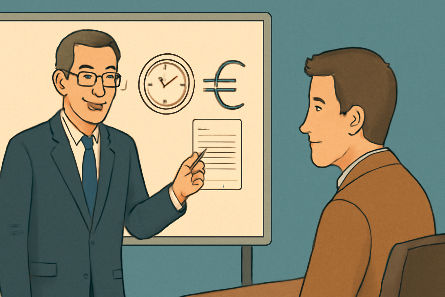 ChatGPT Image 18. Sept. 2025, 10_45_21 Anwalt erklärt Mandanten anhand einer Tafel mit Uhr und Euro-Symbol den Zusammenhang von Streitwert und Kosten.