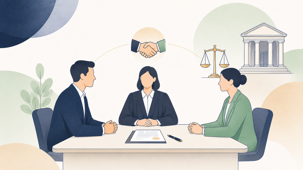 Arbeitnehmer und Arbeitgeber besprechen vor einer Richterin eine mögliche Einigung im arbeitsgerichtlichen Gütetermin.
