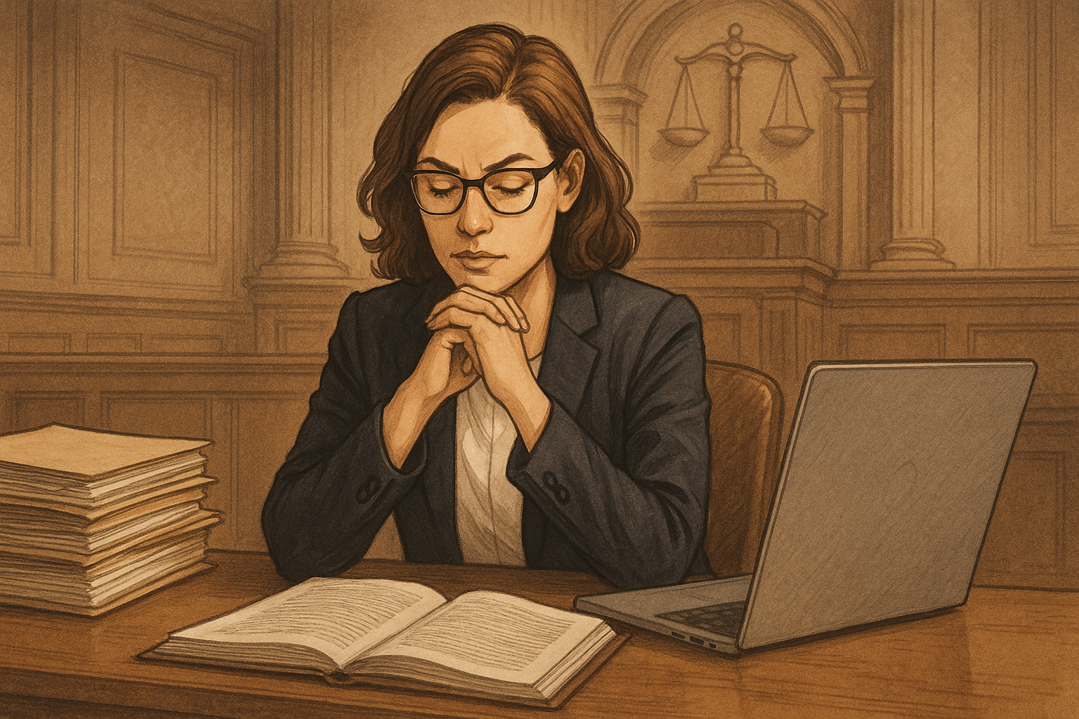 eine Frau sitzt konzentriert am Schreibtisch, bereitet sich mit Akten und Laptop auf eine Gerichtsverhandlung vor