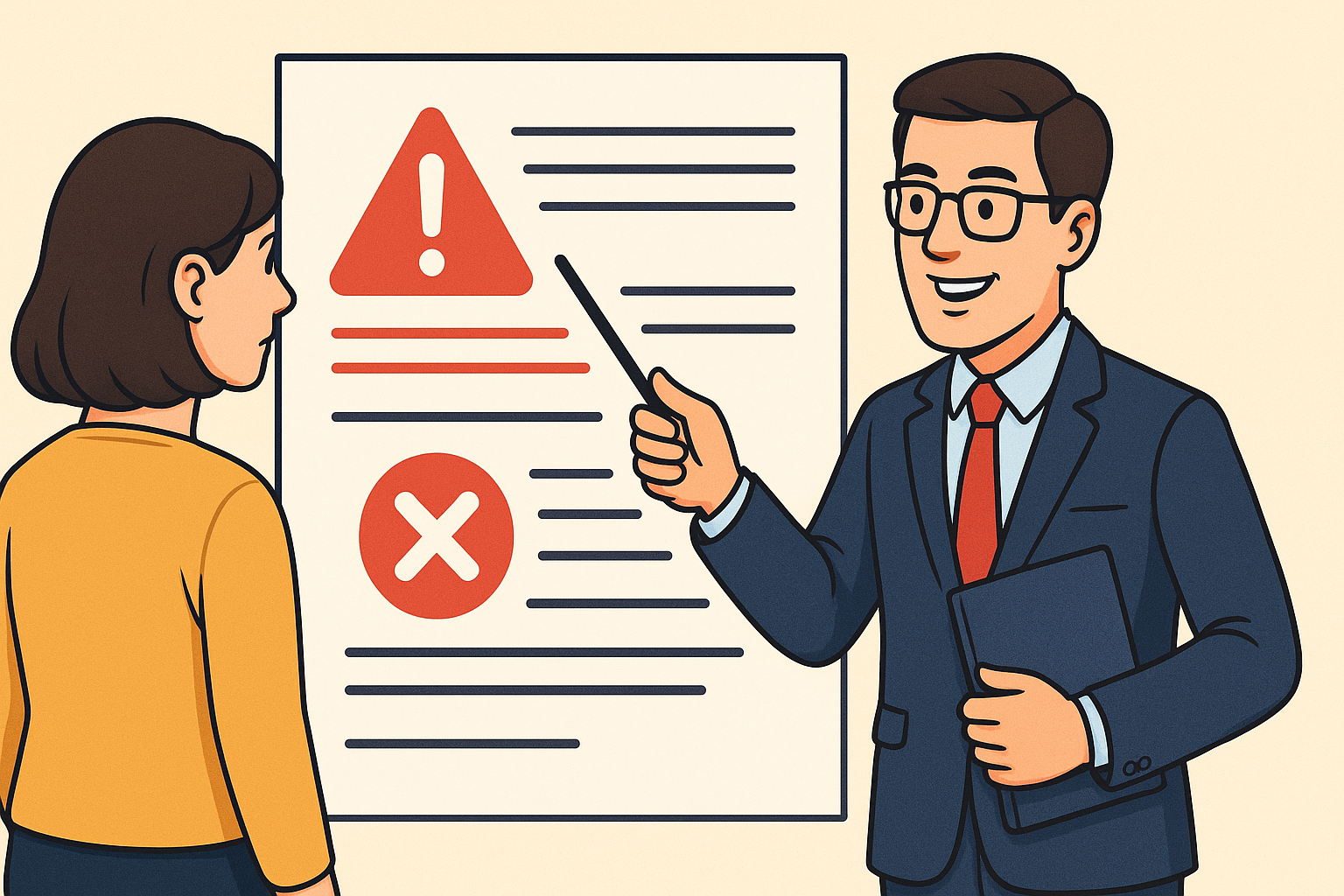 Illustration eines Anwalts im Anzug, der einer Frau ein Dokument mit einem Warnsymbol und einem Kreuz erklärt 