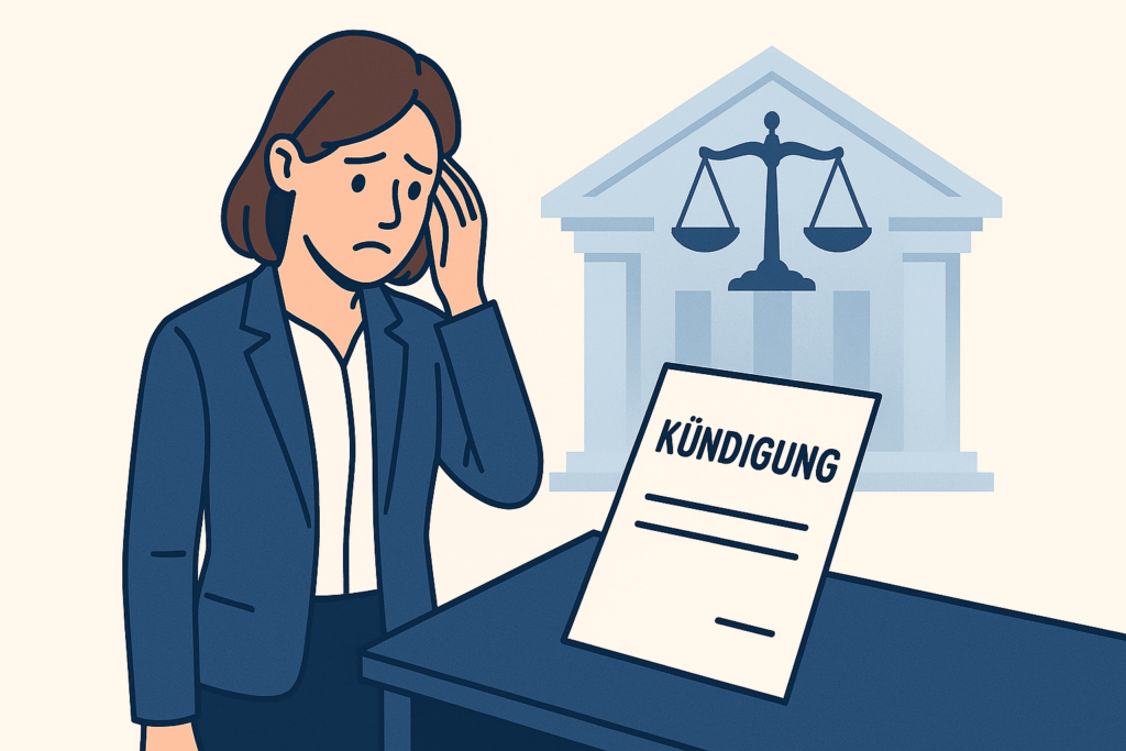 Illustration einer besorgten Frau im Anzug, die vor einem Tisch mit einem Kündigungsschreiben steht