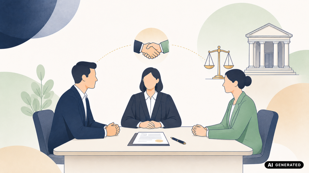 KI-generierte Illustration eines Arbeitnehmers und eines Arbeitgebers bei der Besprechung einer möglichen Einigung vor einer Richterin im arbeitsgerichtlichen Gütetermin.