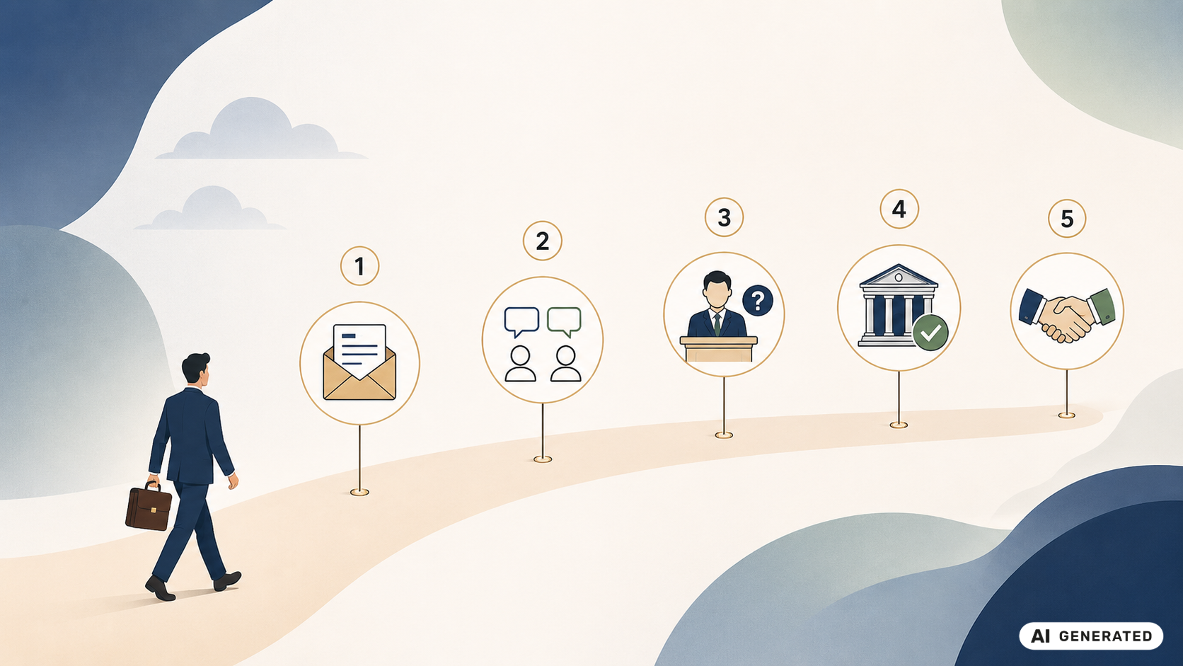 KI-generierte Illustration eines Arbeitnehmers, der fünf Stationen vom Aufruf der Sache bis zum Vergleichsgespräch durchläuft.