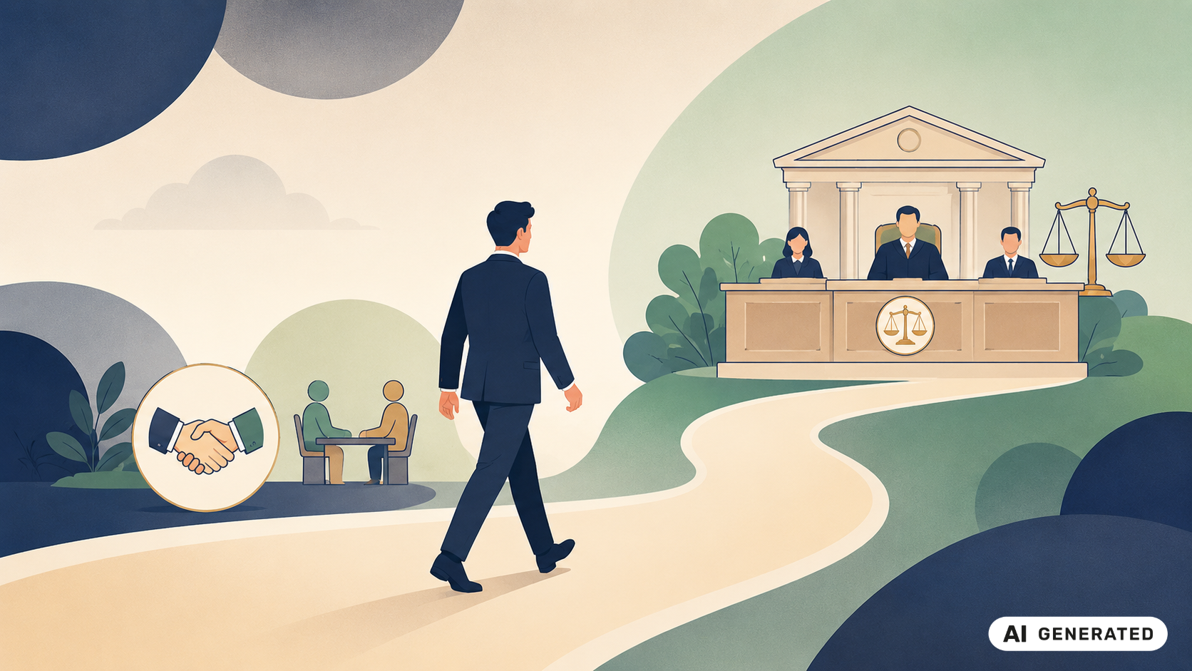 KI-generierte Illustration eines Arbeitnehmers, der nach einem gescheiterten Einigungsversuch auf eine Kammer mit drei Richtern zugeht.