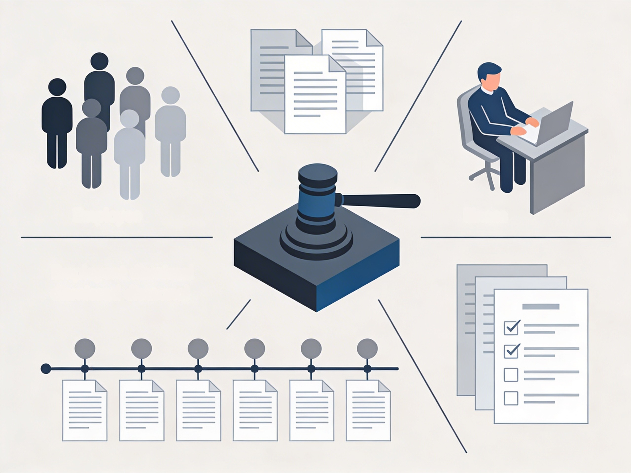 Grafik zu Kündigung im Kleinbetrieb mit Symbolen für Arbeitnehmer, Unterlagen und Arbeitsrecht sowie Richterhammer