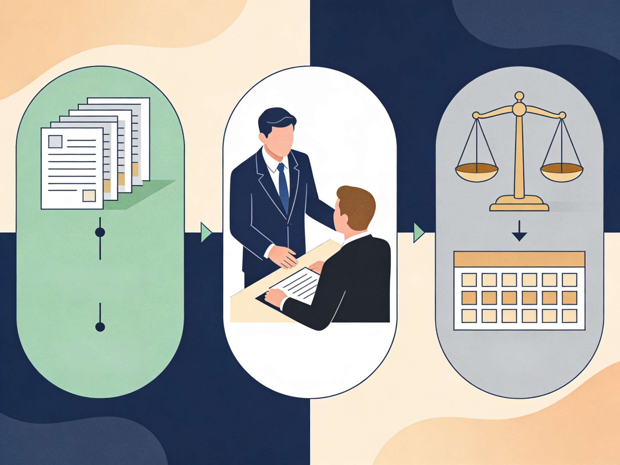 Ablauf Kündigungsschutzklage Illustration mit Dokumenten, Beratung und Ergebnis