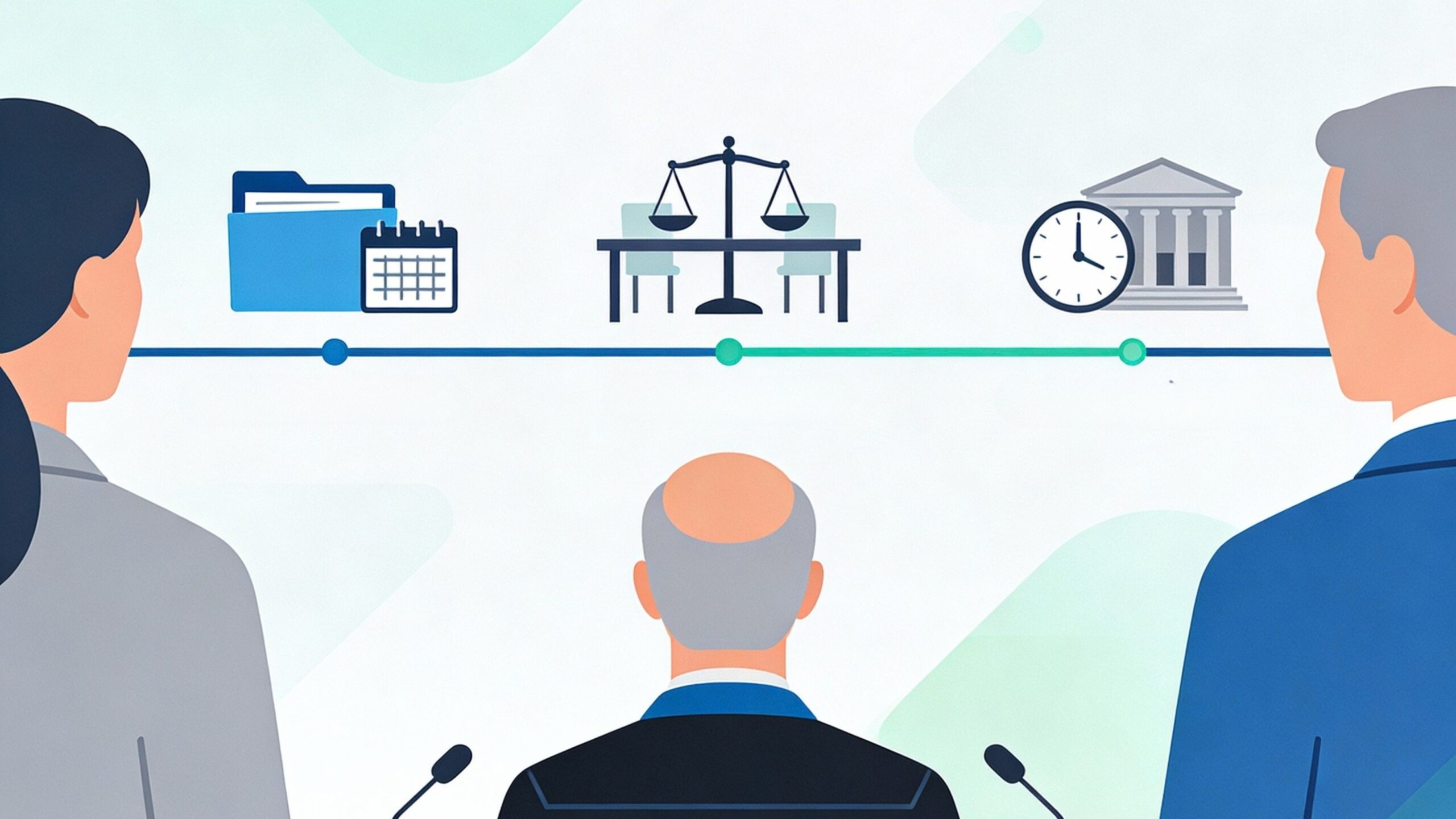 Ablauf eines Gerichtsverfahrens als Zeitachse dargestellt.