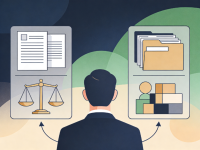 Kündigung und Existenz Entscheidung Illustration Waage versus Unterlagen
