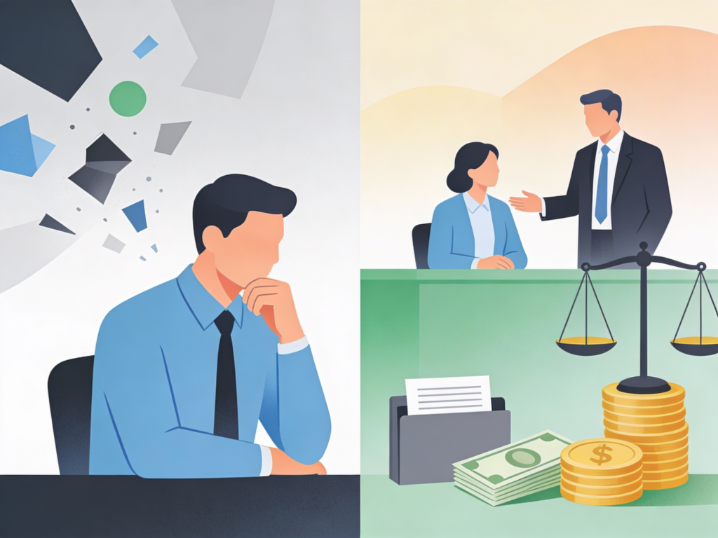 Nachdenkliche Person und Gerichtsverhandlung mit Geld und Waage